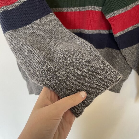 Vintage Lands End Mens Knit Sweater L 42-44 Gray Red Green Striped Wool Cotton B - Picture 4 of 7